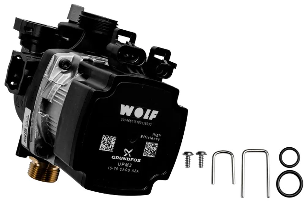 Heizpumpe von Wolf mit verschiedenen Anschlussmöglichkeiten, montiert auf einer Halterung, begleitet von Schrauben und Dichtungen.